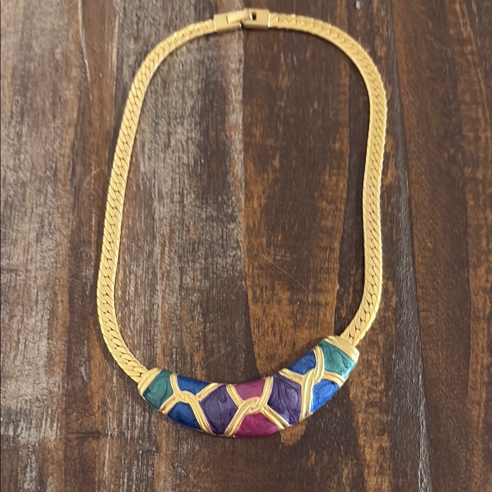 Lovely Herringbone Purple, Blue, & Green Enamel Collar Necklace
